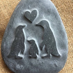 Hand carved penguin stone with baby penguin & parents (or Godparents), perfect gift for a new baby, Godparents, or a Mother's Day gift