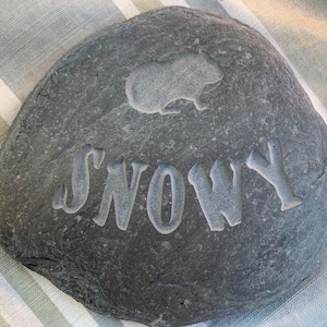 Piedra de memoria tallada a mano con la silueta de un conejillo de indias o un hámster sobre el nombre de tu querido amigo peludo