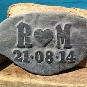 Love PEBBLE with initials carved into the stone along with a date, bespoke, handmade,, a gift for a wedding or anniversary