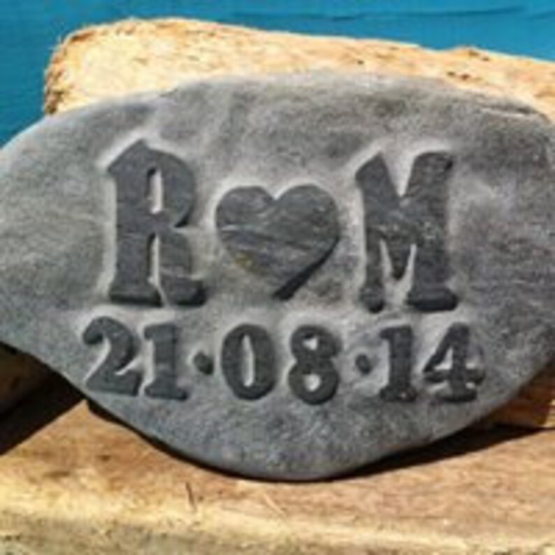 a gift for a wedding or anniversary bespoke handmade, Love PEBBLE with initials carved into the stone along with a date