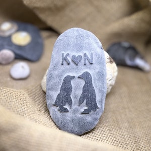 Hand made personalised penguin love stone, hand carved from natural stone, customised initials, perfect wedding anniversary Valentines gift