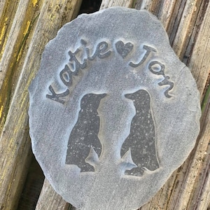 Personalised Hand carved penguin stone with the happy couples name, the perfect engagement, Wedding or Anniversary gift,