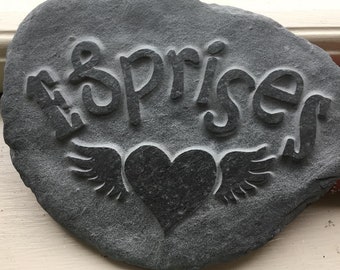 Hand carved personalised memory stone with name, big heart and angel wings for the furry loved one that's dearly missed