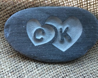 Hand carved LOVE pebble, with an initial carved out of the heart! Perfect keepsake and Valentine's gift! PLus hessian gift bag