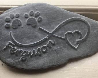 Hand carved eternity memory stone with paw print, heart and a personalised name, bespoke