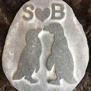 Personalised Hand carved penguin stone, the perfect engagement, Wedding or Anniversary gift, Penguins love pebble