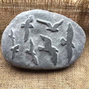 A flock of seagulls - Hand carved into natural stone in a relief effect, a lovely Cornish gift