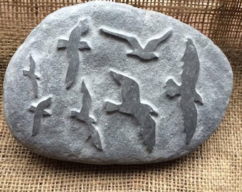 A flock of seagulls - Hand carved into natural stone in a relief effect, a lovely Cornish gift