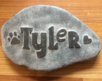 Hand carved personalised memory stone with name of pet, cat, dog, animal & paw print/heart