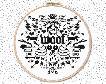 Funny dog cross stitch sampler WOOF WOOF + FONT . Easy beginner embroidery pattern, cool puppy doggy counted chart, bones fish ball stars