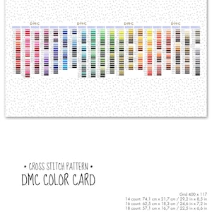 Könnte beinhalten: DMC-Farbkarte mit einem Raster von 400 x 117. Die Karte zeigt eine Vielzahl von Farben in einem Regenbogenmuster. Die Karte enthält Anweisungen für Kreuzstich und die Abmessungen für 14, 16 und 18 Zählfäden.