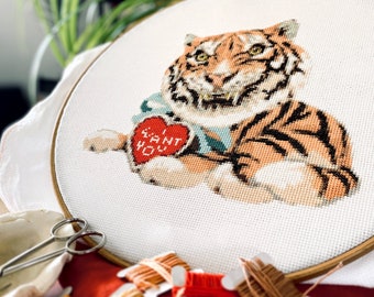 CUTE TIGER CAT cross stitch pattern, modern heart embroidery chart. xstitch animals, cross stitch quotes, cool crossstitch designs pdf