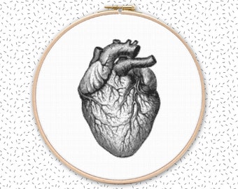Modern cross stitch kit ANATOMICAL HEART human anatomy pattern vintage black and white embroidery kit large needlepoint craft diy kits