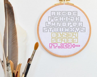Nerdy techno 8 BIT Pixel cross stich font, modern cross stitch font pattern, monogram hand embroidery font, simple xstitch x stich letters