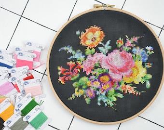 Crazy coloured BOUQUET OF FLOWERS . cross stitch pattern for dark fabrics . victorian hand embroidery chart . modern floral tapestry design