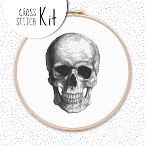 Modern cross stitch kit ANATOMICAL SKULL, unique black and white embroidery kit, large needlepoint craft diy kits, human anatomy pattern pdf