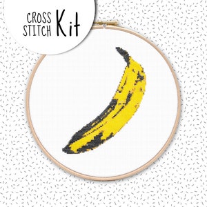 POP ART BANANA . Cross stitch kit . modern hand embroidery kit . fruity needlework & tapestry kit . dmc floss fiber art kit