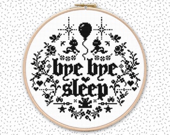 BYE BYE SLEEP funny cross stitch quote design, cute kids cross stitch pattern, handmade gift idea for parents, baptism counted chart pdf