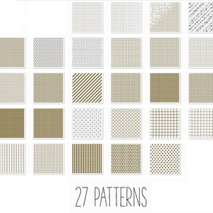 May include: A collection of 27 different seamless patterns in black, white, and brown. The patterns are geometric and include stripes, dots, and grids.