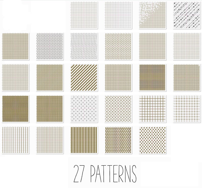 May include: A collection of 27 different seamless patterns in black, white, and brown. The patterns are geometric and include stripes, dots, and grids.