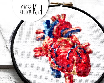 Cross stitch kit modern . HALLOWEEN HEART . embroidery kit fabric yarn needle embroidery hoop . cross stich pattern anatomy heart