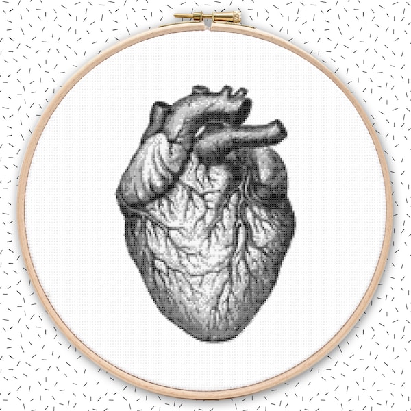 VINTAGE HEART cross stitch pattern in 2 sizes - large black and white embroidery - anatomical human heart anatomy xstitch design 