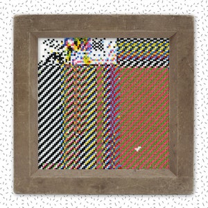 Może przedstawiać: Ramka z obrazem przedstawiającym kolorowy wzór geometryczny. Wzór składa się z kwadratów i prostokątów w różnych kolorach, w tym czarnym, białym, czerwonym, żółtym, niebieskim i zielonym.