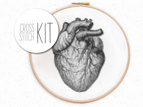 Modern cross stitch kit ANATOMICAL HEART human anatomy pattern vintage black and white embroidery kit large needlepoint craft diy kits