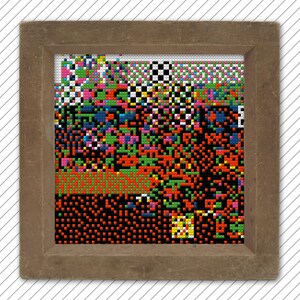May include: A framed artwork featuring a colorful pixelated design with a variety of colors, including red, green, blue, yellow, and black.