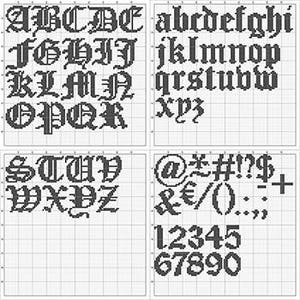 May include: Cross-stitch alphabet and number chart in a gothic font. The chart includes uppercase and lowercase letters, numbers, and symbols. The letters and numbers are in a dark gray color, displayed on a grid background.