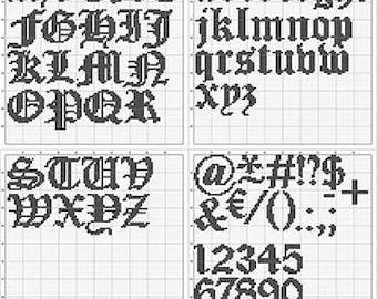 Cross stitch font GOTHIC FONT ABC modern xstitch alphabet, hand embroidery pattern monogram quotes, letters numbers special characters
