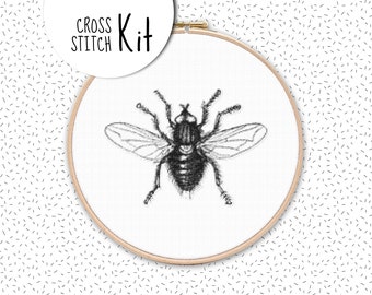 Cross stitch kit . HOUSE FLY . modern black & white embroidery kit . monochrome insect xstitch set . counted needlework kits dmc floss