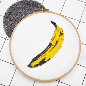 Cross stitch chart . POP ART BANANA . Modern food embroidery pattern . Comic cross stich design . Unique hoop art for art & music fans