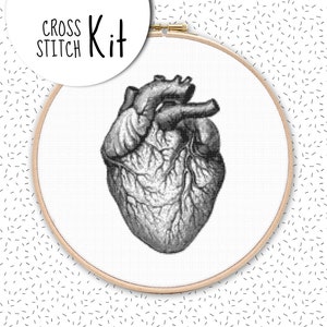 Modern cross stitch kit ANATOMICAL HEART, vintage black and white embroidery kit, large needlepoint craft diy kits, human anatomy pattern