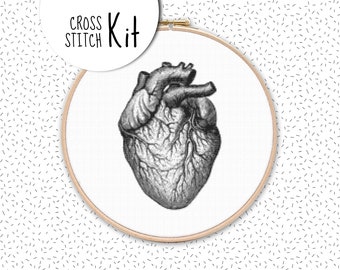 Modern cross stitch kit ANATOMICAL HEART, vintage black and white embroidery kit, large needlepoint craft diy kits, human anatomy pattern