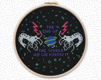 THE END of the WORLD cross stitch pattern, funny 80s inspired shrimp embroidery, easy quote counted stitch, beginner xstitch design