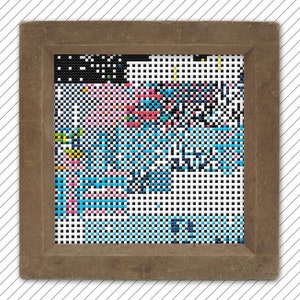 Könnte beinhalten: Ein gerahmtes abstraktes Kunstwerk mit einem pixeligen Design in Blautönen, Rosa, Gelb und Schwarz.