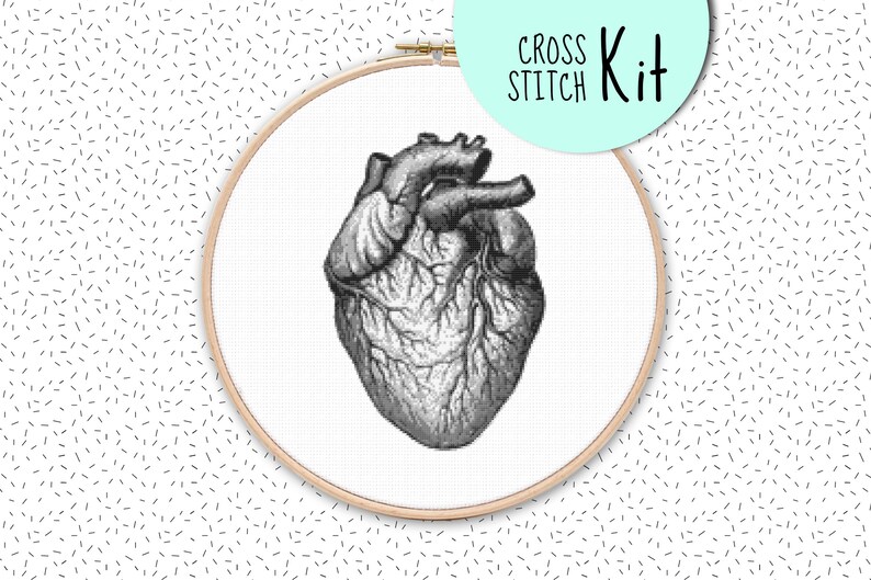 Modern cross stitch kit ANATOMICAL HEART human anatomy pattern vintage black and white embroidery kit large needlepoint craft diy kits
