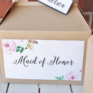 Set 10 BRIDESMAID Kraft Gable Boxes Blush Pink Floral Vintage Roses calligraphy bridal party Thank you gift or breakfast or snacks image 4