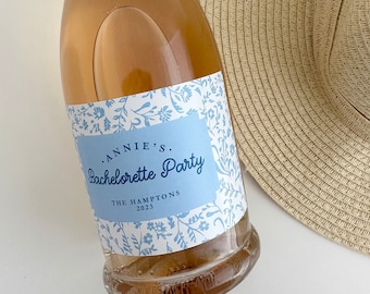 Bachelorette Party Coastal Grandmother Blue Floral Wine or Champagne Labels Last Toast on the Coast