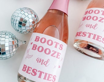 Boots Booze and Besties Country 21st Birthday Bachelorette party Champagne or wine in full size or mini bottle labels pink nashville nash