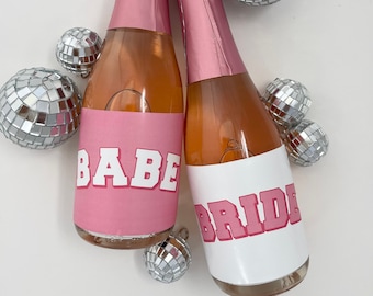 BABE or BRIDE - Mini or full size Champagne or wine bottle label - Waterproof  - Bachelorette party - Bright hot pink - Wedding Day Gift