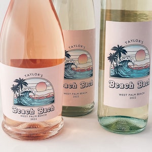 Beach Bach Bachelorette Party Vintage Beach - Retro - Boho - Mini or Full Wine Champagne Bottle Labels Waterproof Personalized Pink Pastel