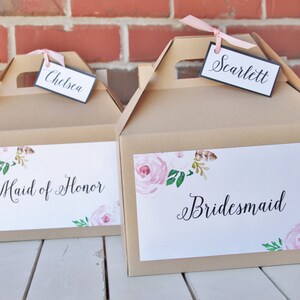 Set 10 BRIDESMAID Kraft Gable Boxes Blush Pink Floral Vintage Roses calligraphy bridal party Thank you gift or breakfast or snacks image 2