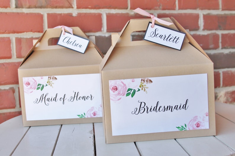 Set 10 BRIDESMAID Kraft Gable Boxes Blush Pink Floral Vintage Roses calligraphy bridal party Thank you gift or breakfast or snacks image 2