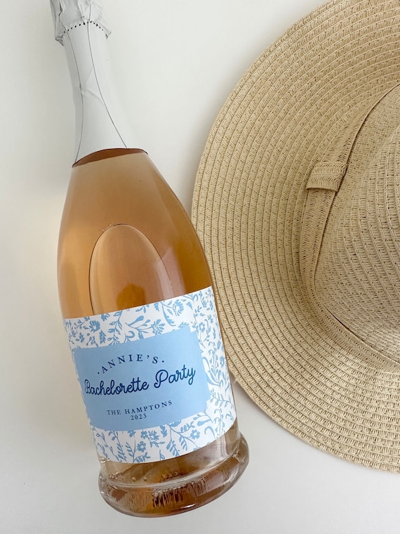 Bachelorette Party Coastal Grandmother Blue Floral Wine or Champagne Labels Last Toast on the Coast something blue shower