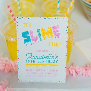 SLIME Party Printable Invitation -  Bright Yellow Pink Aqua Blue Green - Birthday Party - Slime making Workshop