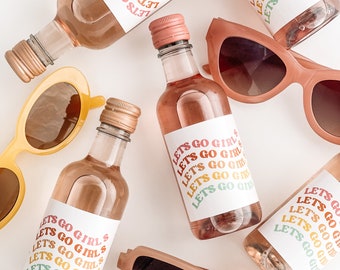 Let's Go Girls- Mini Champagne or wine bottle label - Waterproof - Bachelorette party - Retro Hippie Design - Rainbow Colors