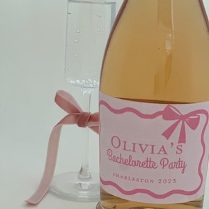 Pink Bow - Mini or full size Champagne or wine bottle label - Waterproof  - Bachelorette party or Birthday or Bridal Shower bows