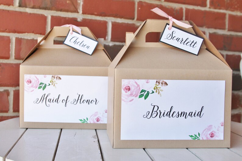 Set 10 BRIDESMAID Kraft Gable Boxes Blush Pink Floral Vintage Roses calligraphy bridal party Thank you gift or breakfast or snacks image 1